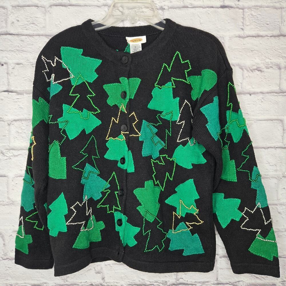 Talbots vintage beaded embroidered Christmas tree sweater cardigan medium. - Picture 1 of 8